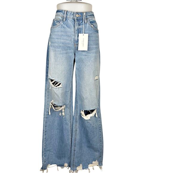 Flying Monkey 28 Vintage Style High Rise Wide Leg Distressed Raw Hem Jeans - Picture 1 of 8